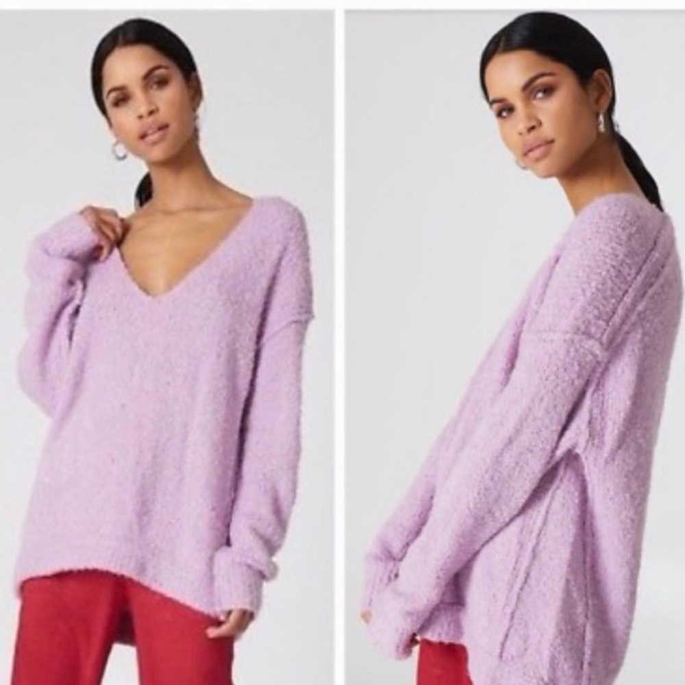 Free‎ People Womens Lavender Alpaca Blend V-Neck Oversized Boucle Sweater